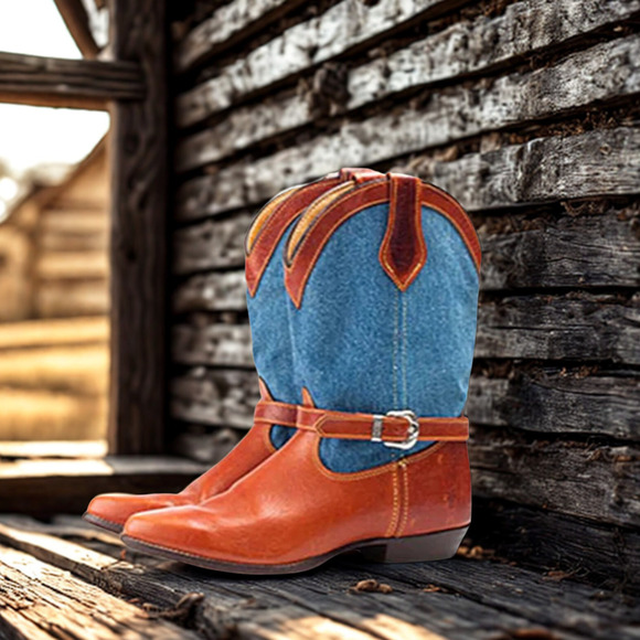 Frye Cowboy Boots Denim Brown Leather Silver Buckles Vintage Sz 8 RARE Deadstock - Picture 1 of 13